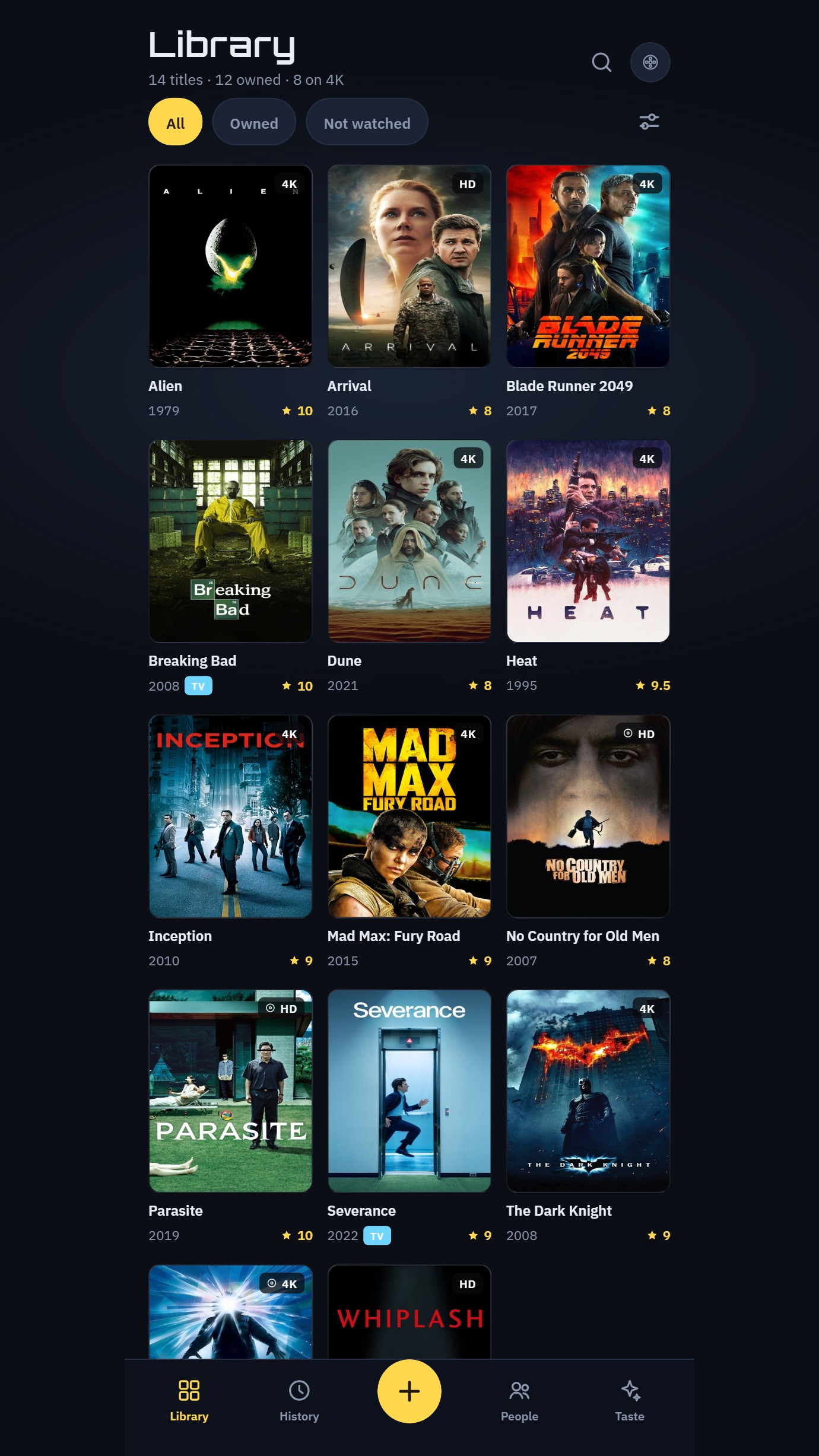 The Rwnd library: a grid of posters with quality badges and your rating out of ten, filtered by All, Owned or Not watched.