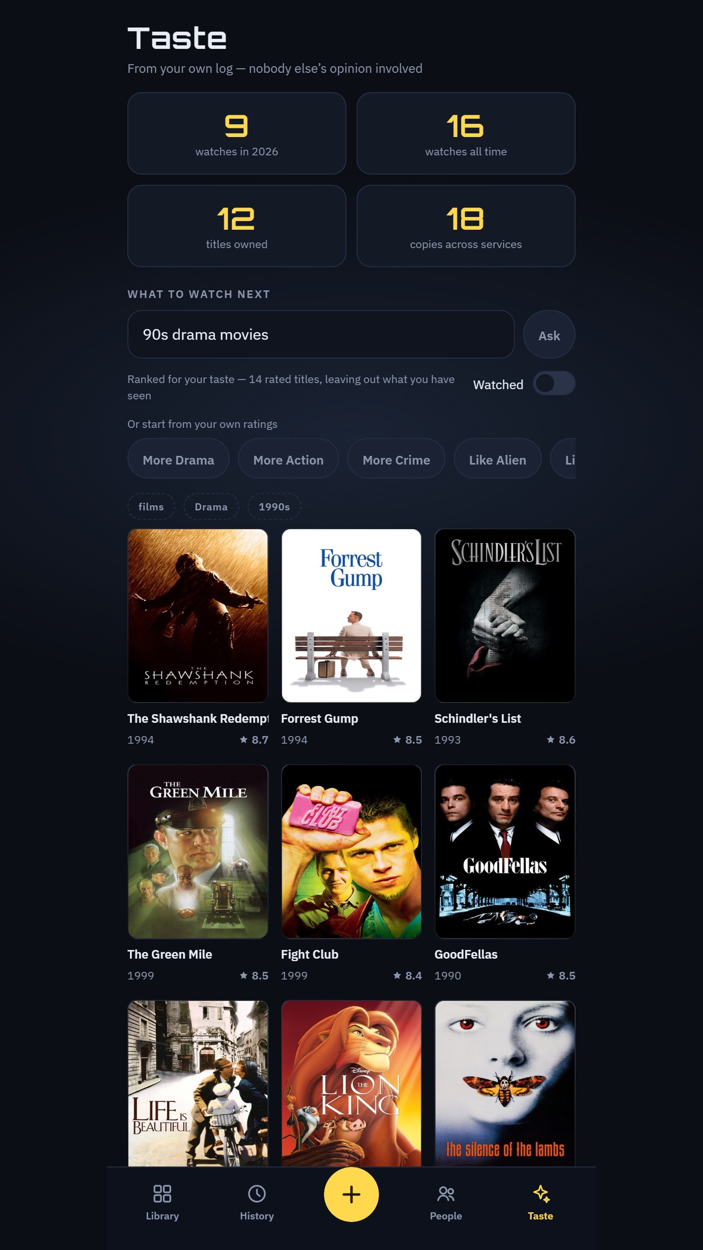 The Taste screen in Rwnd: a search box reading &ldquo;90s drama movies&rdquo;, the terms it understood shown as chips beneath, and ranked results.